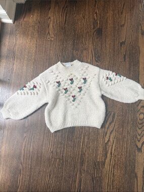 Zara Cream Crewneck Sweater with Embroidered Red & Green Flowers